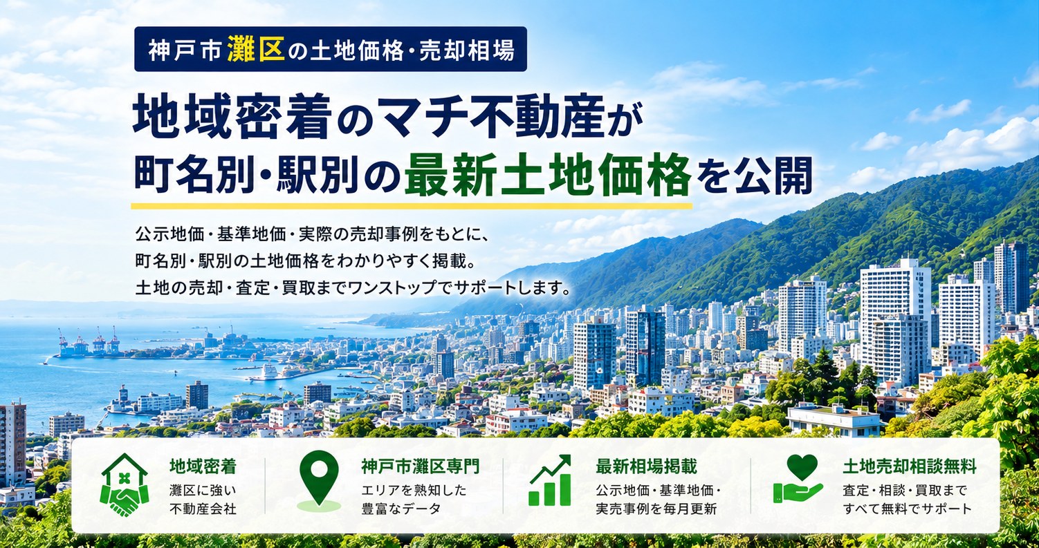 神戸市灘区の土地価格・売却相場 地域密着のマチ不動産が町名別・駅別の最新土地価格を公開。公示地価・基準地価・実際の売却事例をもとに、町名別・駅別の土地価格をわかりやすく掲載。土地の売却・査定・買取までワンストップでサポートします。
