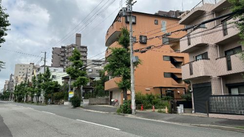神戸市灘区森後町の並木のある大通りと中層マンション